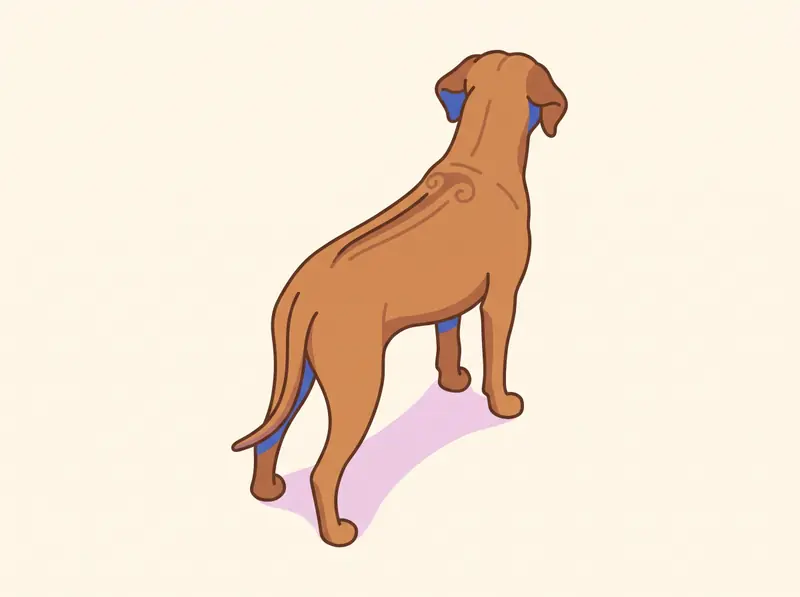 Weizenfarbener Rhodesian Ridgeback von schräg hinten oben: Der Ridge mit zwei symmetrischen Wirbeln verläuft von hinter den Schultern bis zu den Hüften, die Haut am Nacken ist glatt und geschlossen.