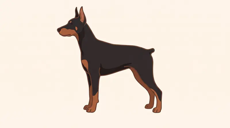 Derselbe Dobermann in gleicher Pose mit verheilten, kupierten Ohren, die lang, schmal und spitz aufrecht stehen, und einer auf einen kurzen Stummel kupierten Rute