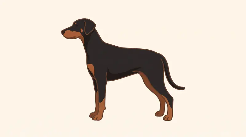 Schwarz-roter Dobermann im Seitenprofil mit natürlichen, gefalteten Ohren, die neben den Wangen herabhängen, und einer langen Rute, die locker bis etwa zum Sprunggelenk reicht