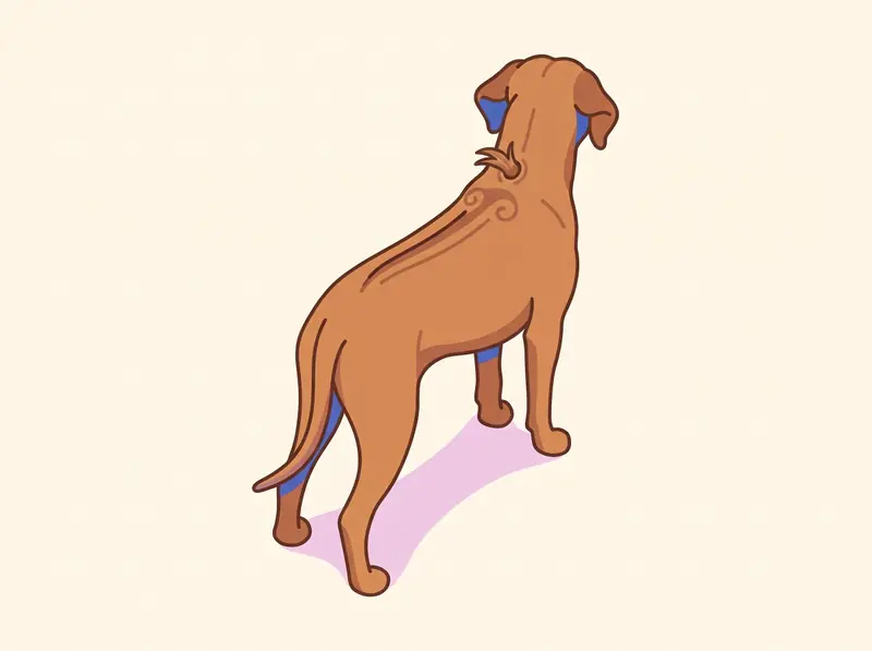 Derselbe Rhodesian Ridgeback in gleicher Haltung, aber mit einer kleinen runden Hautöffnung samt Haarbüschel auf der Mittellinie des oberen Nackens vor dem Ridge – ein Dermoidsinus.
