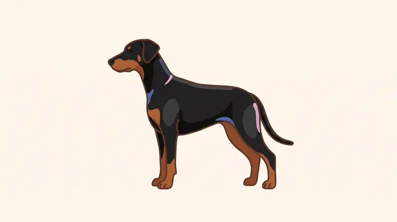Schwarz-roter Dobermann mit natürlichen Hängeohren und langer Rute im Profil, mit dichtem, glänzendem Kurzhaarfell am ganzen Körper.