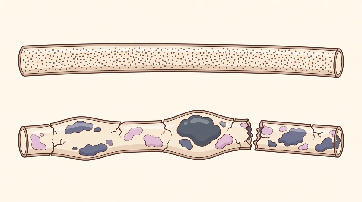 Wissenschaftliche Illustration zweier stark vergrößerter Hundehaare: oben ein normales schwarzes Haar mit fein verteiltem Pigment und glatter Oberfläche, unten ein verdünntes blaues Haar mit großen Pigmentklumpen, aufgetriebenem, rissigem Schaft und einer Bruchstelle.