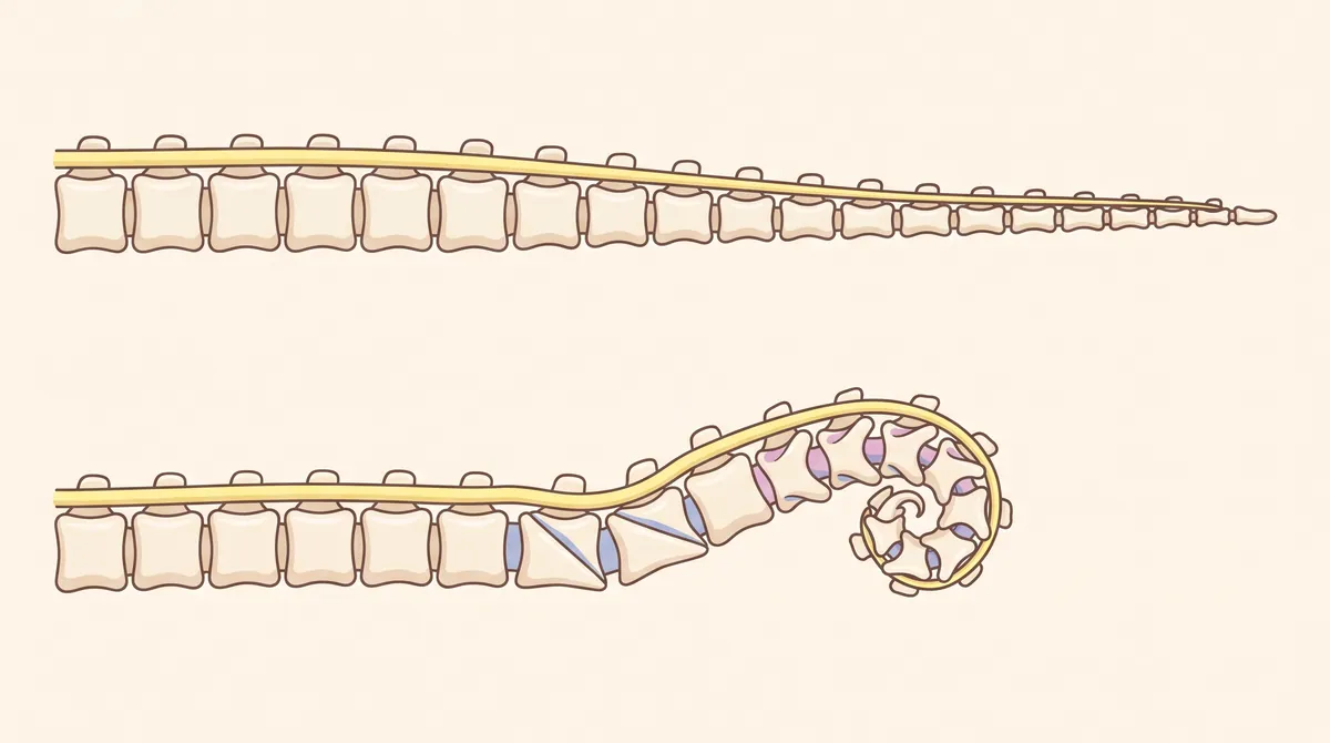 Röntgenartige Illustration zweier Wirbelsäulen von der Seite: oben gleichmäßige rechteckige Wirbel und eine lange, gerade Schwanzwirbelkette, unten zwei keilförmige Rückenwirbel mit scharfem Knick und wenige verwachsene, spiralig verdrehte Schwanzwirbel