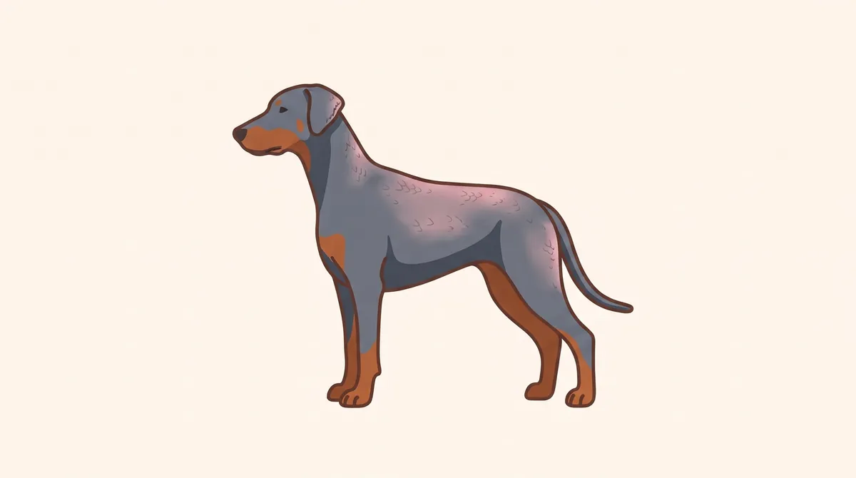 Derselbe Dobermann in verdünntem Blaugrau mit Rostrot: Das Fell an Rücken, Flanken und Ohren ist schütter und stumpf, graue, leicht schuppige Haut scheint durch, die rostroten Abzeichen sind normal behaart.
